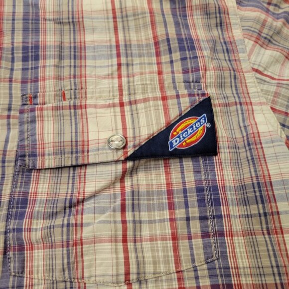 Mens Dickies Snap Button Logo Short Sleeve Shirt Sz M Striped Blue Tan - Picture 2 of 5